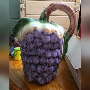 Majolica Style Hand-painted Pitcher ~ Grape and Vine Motif ~ Made In Portugal